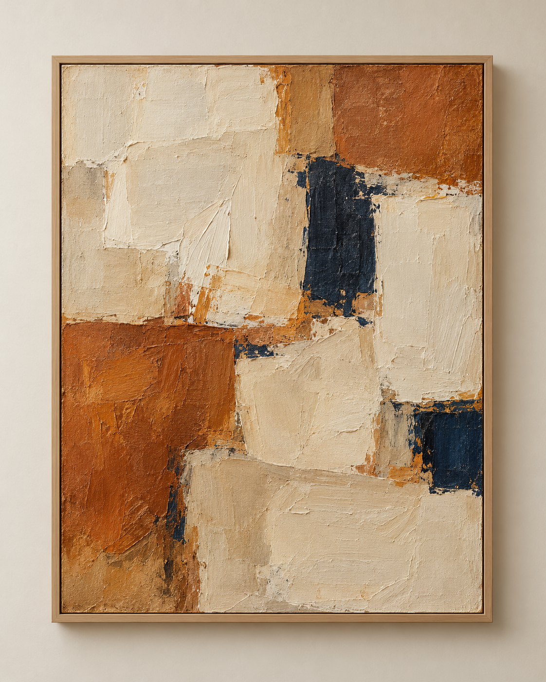 An ochre abstract painting with layered blue, black and cream brushwork