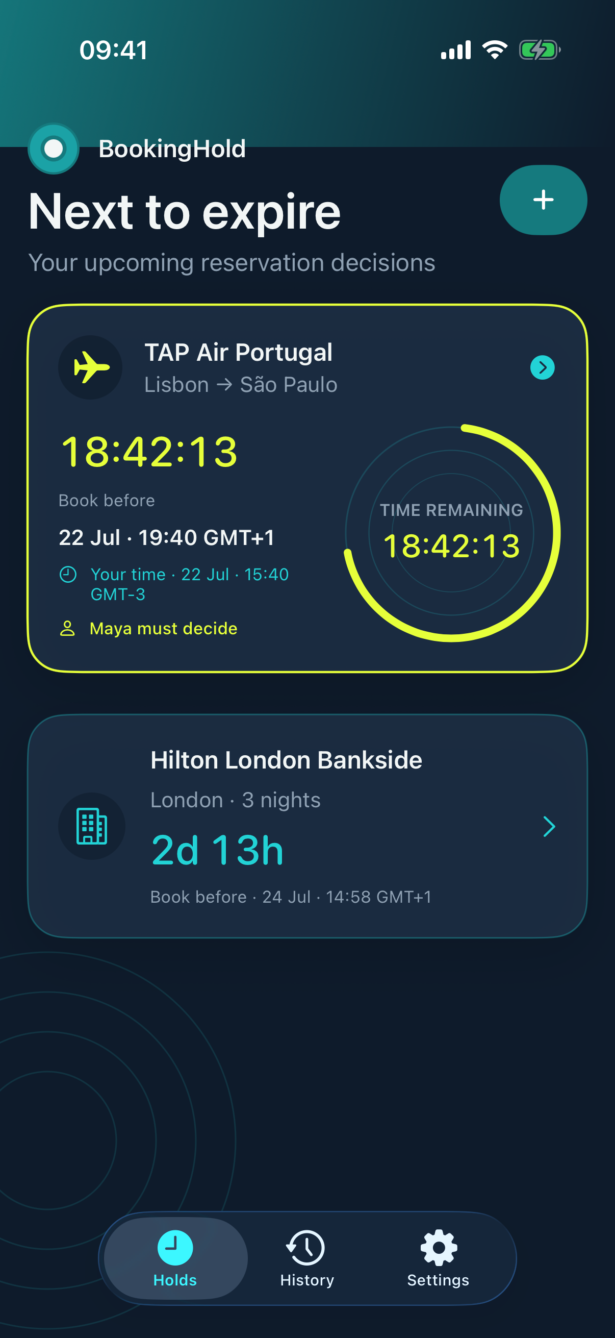 BookingHold dashboard showing two reservation deadlines