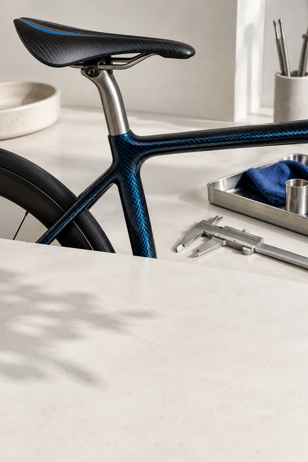Carbon road bicycle and measuring caliper in a fitting studio