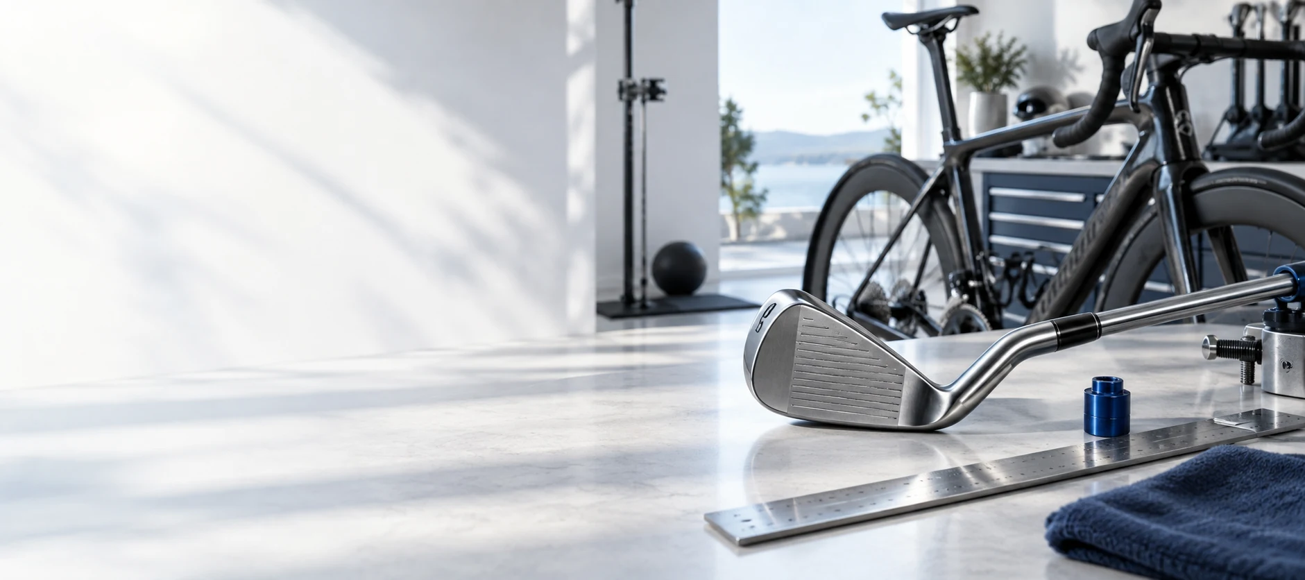 Forged golf iron and carbon road bike on a professional fitting workbench