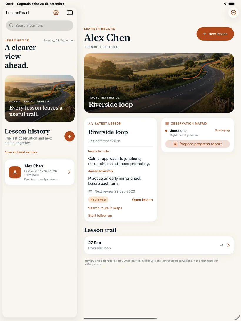 LessonRoad iPad workbench with learner history and skill observations