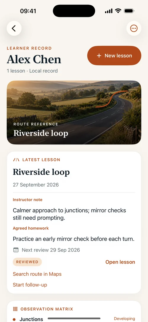 LessonRoad iPhone learner record with route, instructor note and homework