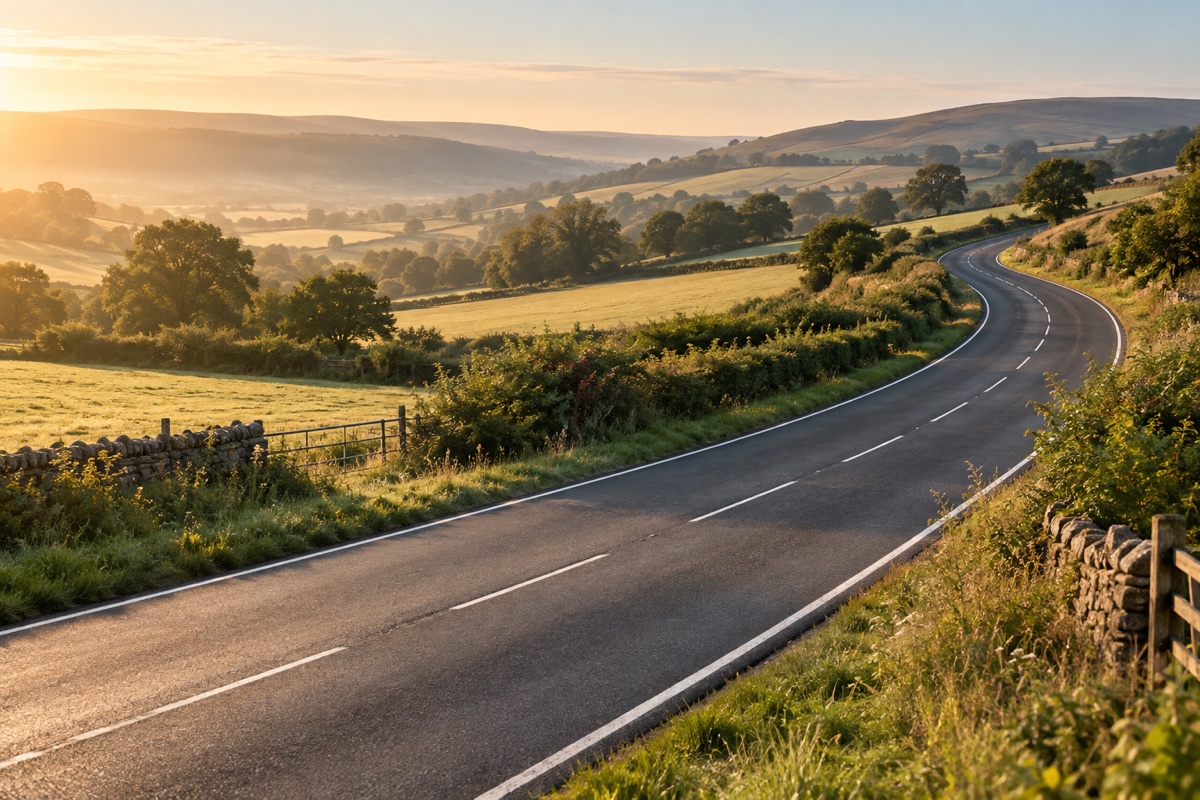 Quiet road through sunlit countryside