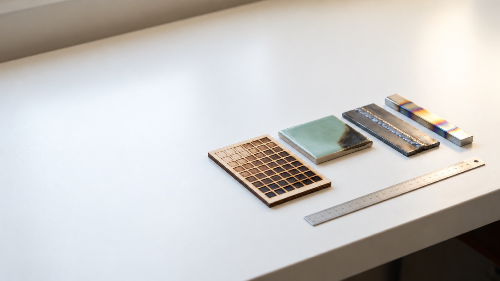 A pale work bench with four test samples in a row: an engraved plywood grid, a green glazed ceramic tile, a steel plate with a weld bead, and a heat-treated steel bar showing tempering colours, next to a steel ruler.