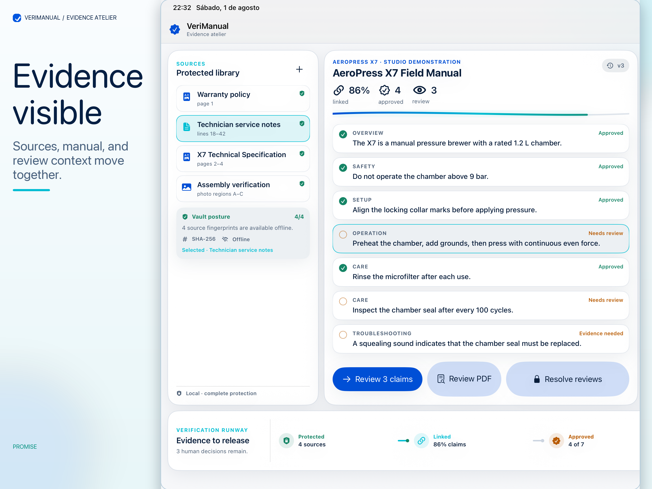 VeriManual evidence review workspace on iPad