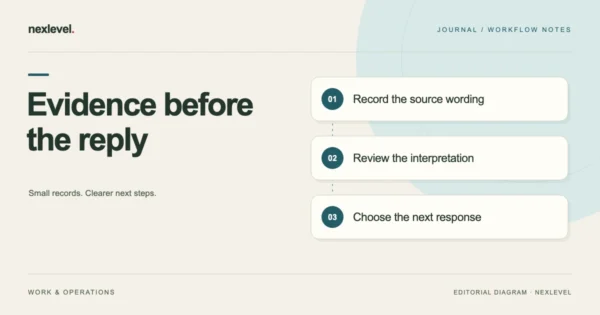 Evidence before the reply: record the source wording, review the interpretation, choose the next response.