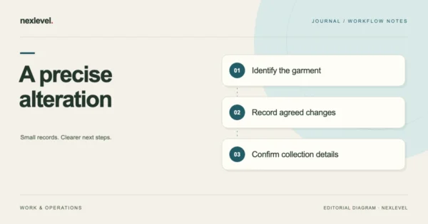 A precise alteration: identify the garment, record agreed changes, confirm collection details.