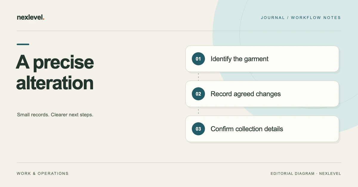 A precise alteration: identify the garment, record agreed changes, confirm collection details.