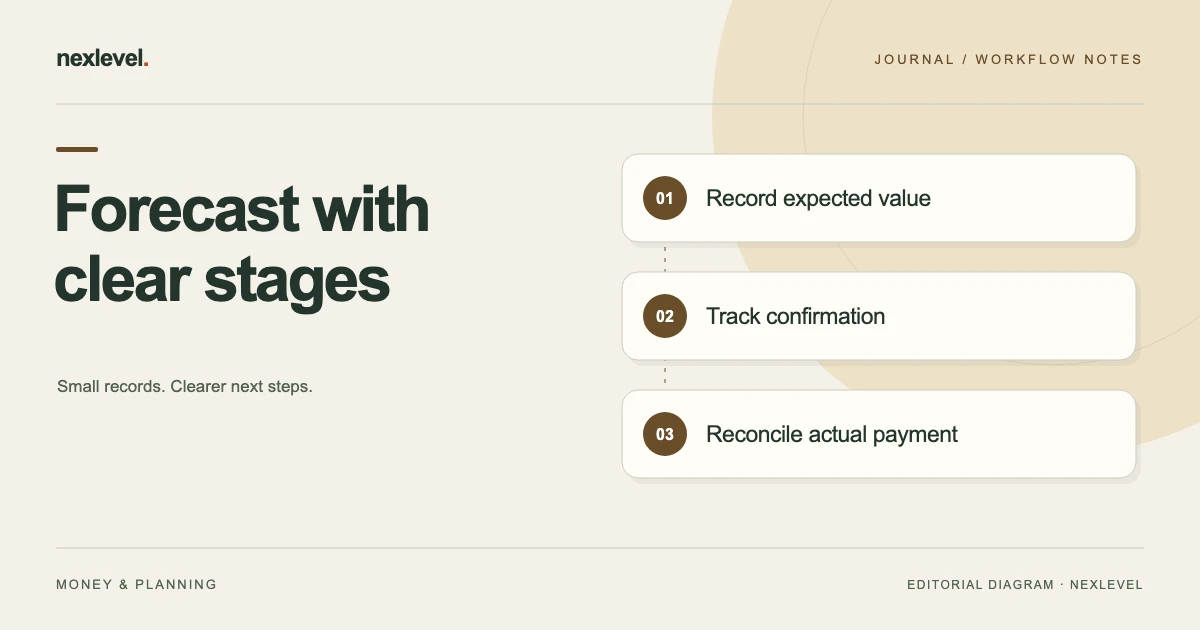 Forecast with clear stages: record expected value, track confirmation, reconcile actual payment.