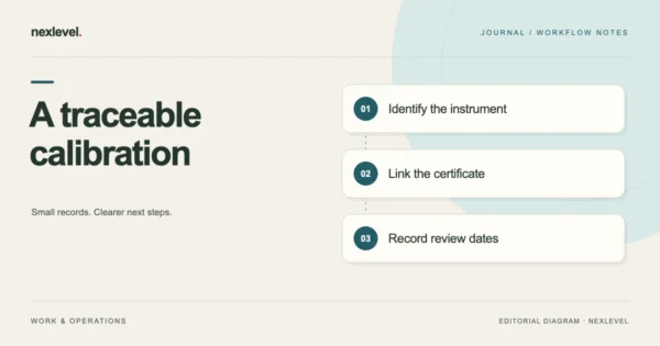 A traceable calibration: identify the instrument, link the certificate, record review dates.