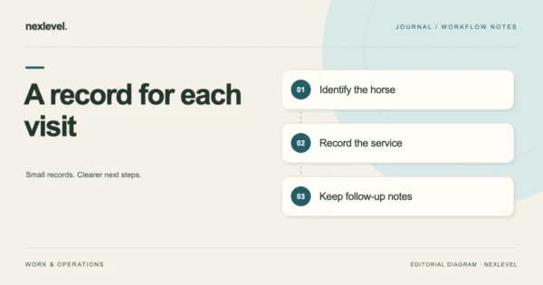 A record for each visit: identify the horse, record the service, keep follow-up notes.