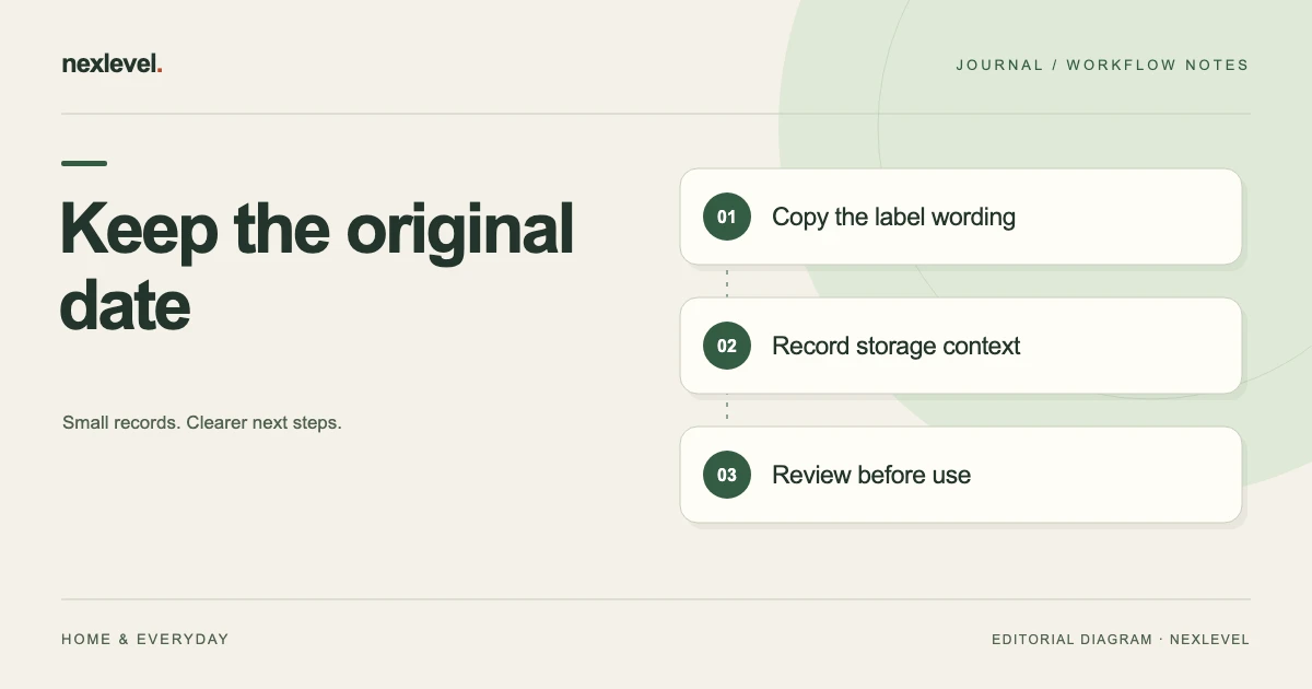 Keep the original date: copy the label wording, record storage context, review before use.