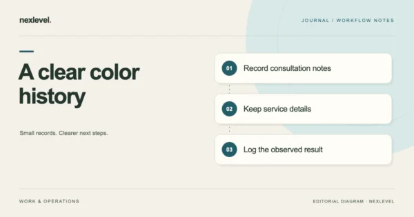 A clear color history: record consultation notes, keep service details, log the observed result.