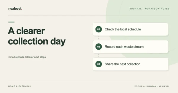 A clearer collection day: check the local schedule, record each waste stream, share the next collection.