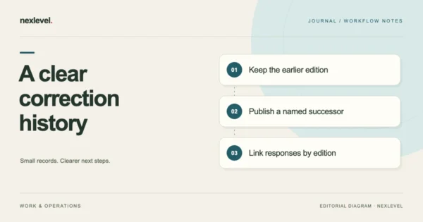A clear correction history: keep the earlier edition, publish a named successor, link responses by edition.