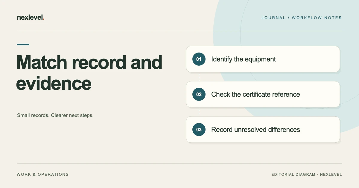 Match record and evidence: identify the equipment, check the certificate reference, record unresolved differences.