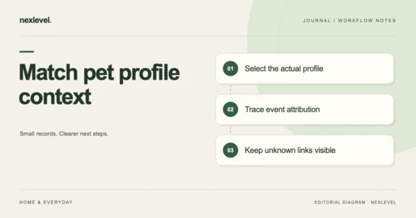 Match pet profile context: select the actual profile, trace event attribution, keep unknown links visible.