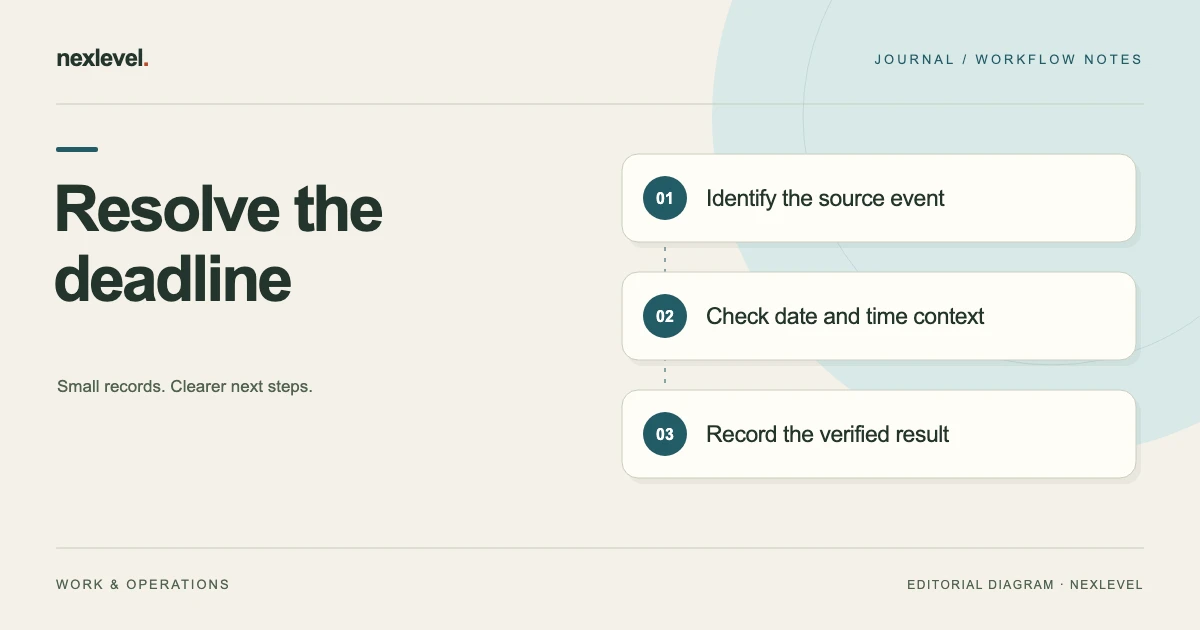 Resolve the deadline: identify the source event, check date and time context, record the verified result.