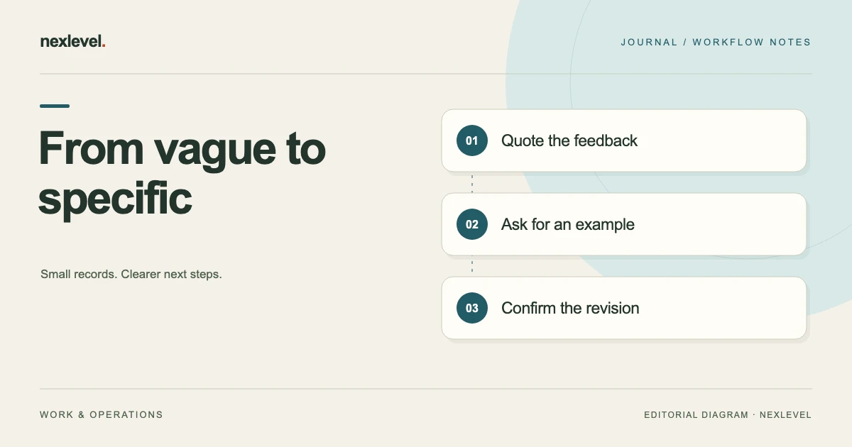 From vague to specific: quote the feedback, ask for an example, confirm the revision.