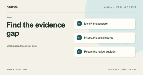 Find the evidence gap: identify the assertion, inspect the actual source, record the review decision.