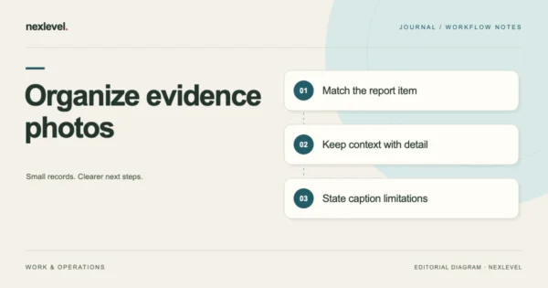 Organize evidence photos: match the report item, keep context with detail, state caption limitations.