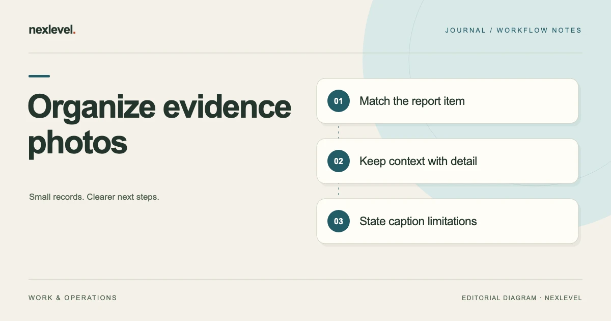 Organize evidence photos: match the report item, keep context with detail, state caption limitations.