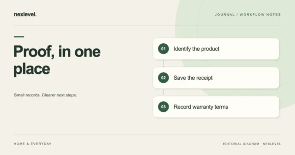 Proof, in one place: identify the product, save the receipt, record warranty terms.