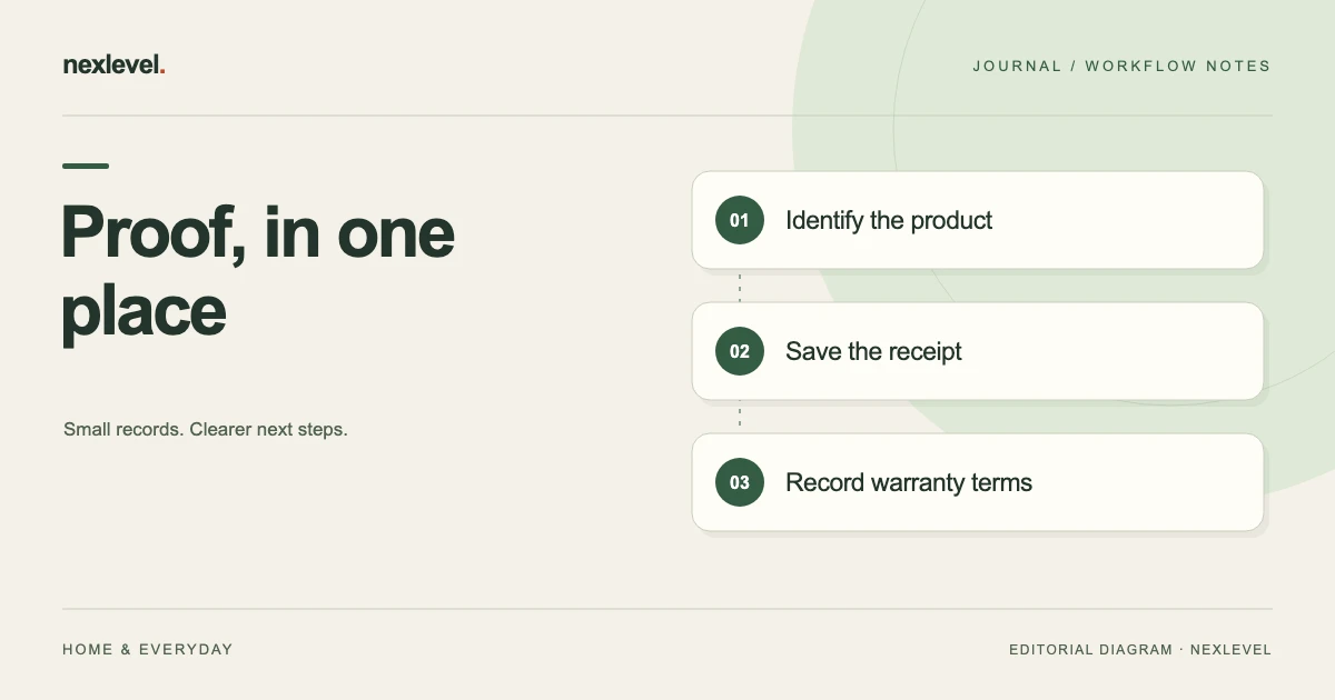 Proof, in one place: identify the product, save the receipt, record warranty terms.