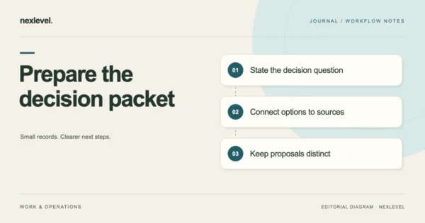 Prepare the decision packet: state the decision question, connect options to sources, keep proposals distinct.