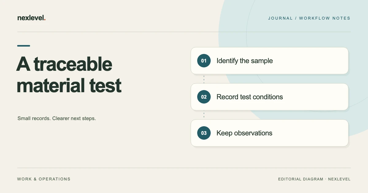 A traceable material test: identify the sample, record test conditions, keep observations.