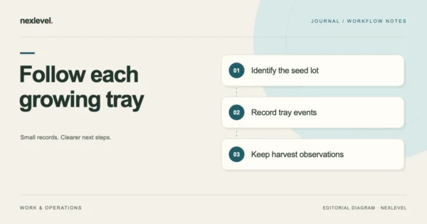 Follow each growing tray: identify the seed lot, record tray events, keep harvest observations.