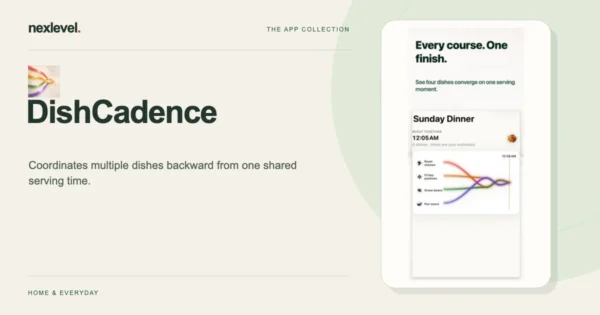 DishCadence product cover with its app icon and an official App Store screenshot.