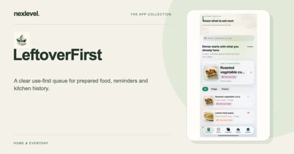 LeftoverFirst product cover with its app icon and an official App Store screenshot.