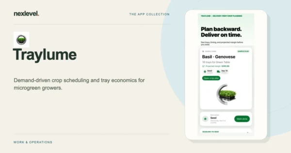 Traylume product cover with its app icon and an official App Store screenshot.