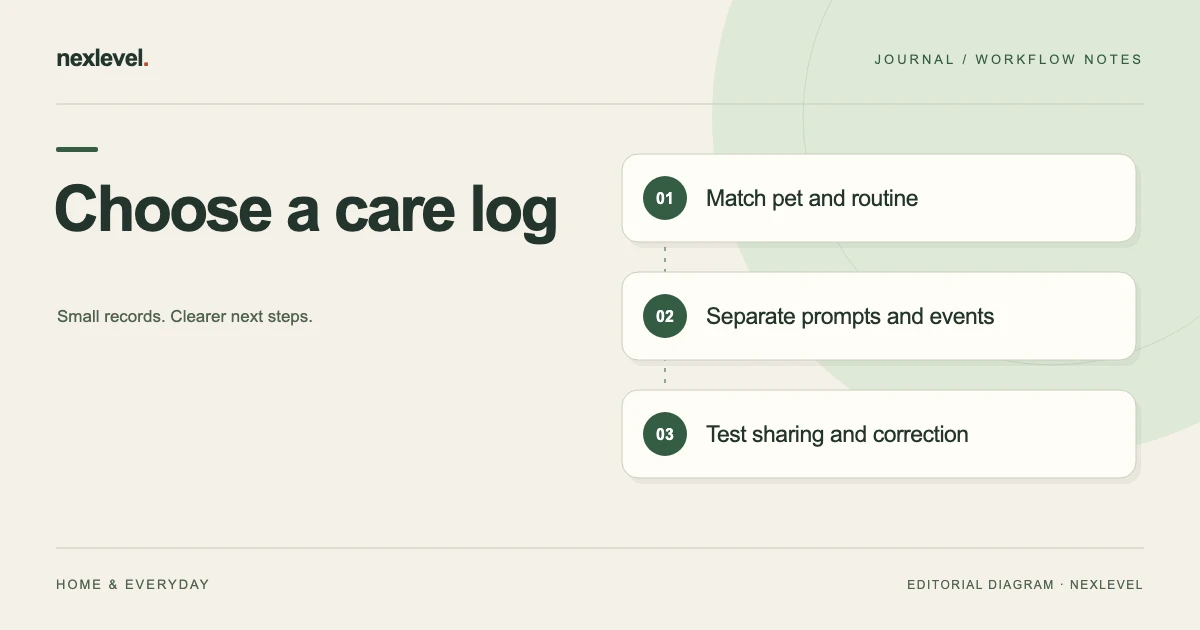 Choose a care log: match pet and routine, separate prompts and events, test sharing and correction.