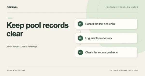 Keep pool records clear: record the test and units, log maintenance work, check the source guidance.