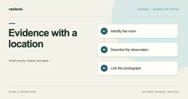 Evidence with a location: identify the room, describe the observation, link the photograph.