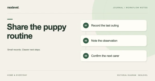 Share the puppy routine: record the last outing, note the observation, confirm the next carer.