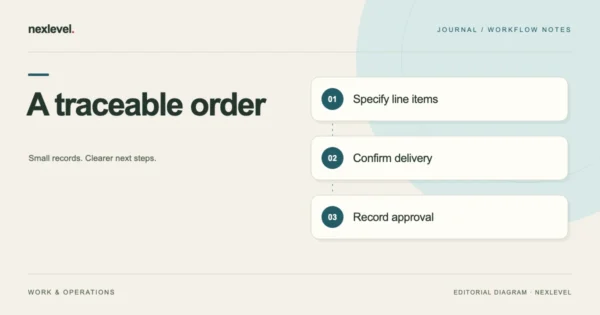 A traceable order: specify line items, confirm delivery, record approval.