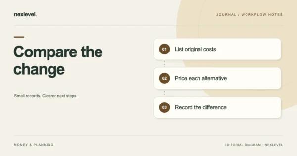 Compare the change: list original costs, price each alternative, record the difference.
