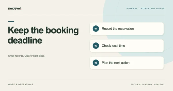 Keep the booking deadline: record the reservation, check local time, plan the next action.