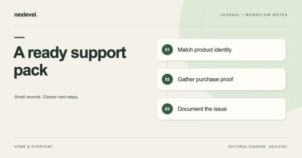 A ready support pack: match product identity, gather purchase proof, document the issue.